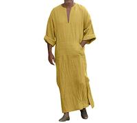 WAZHAKU Robe musulmane Djellaba pour homme - Manches longues - Col en V - Robe de loisirs - Robe longue musulmane ethnique - Robe Dubaï pour homme, jaune, XL