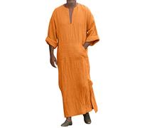 WAZHAKU Robe musulmane Djellaba pour homme - Manches longues - Col en V - Robe de loisirs - Robe longue musulmane ethnique - Robe Dubaï pour homme, Orange, L