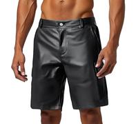 WAZHAKU Short Homme Cuir PU Noir Uni Short Cargo Ample Multi-Poches Pantalon Court Taille Élastique Zip Boxer Punk Rétro Gothique Vêtements Été Extérieur Vélo Outfit Fête Club Danse Sexy