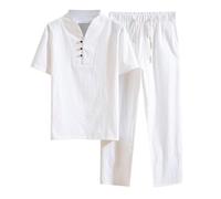 WAZHAKU Vêtement en coton Zen Méditation Tai Chi Uniforme pour homme Ensemble Tang Pantalon à manches courtes Vêtements traditionnels chinois Kung Fu Vêtements respirants Hauts, Blanc., L