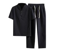 WAZHAKU Vêtements en coton Zen Méditation Tai Chi Uniforme Hommes Arts Martiaux Ensemble Tang Costume Manches Courtes Pantalons Vêtements Traditionnels Chinois Kung Fu Vêtements Respirant Tops, Noir ,