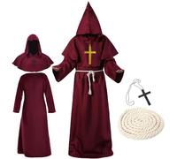 waziwe Costume de moine, costume de prêtre pour homme, robe médiévale, moine, Halloween, carnaval, avec capuche et ceinture en corde (rouge, XL)