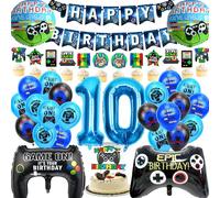 WAZIWE Deco Anniversaire Ballon 10 ans, Deco Gaming Kit Anniversaire Garcon Comprend une Guirlande Ballons, Bannière Anniversaire, Ballons aluminium, et des Becoration Gateau