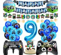 WAZIWE Deco Anniversaire Ballon 9 ans, Deco Gaming Kit Anniversaire Garcon Comprend une Guirlande Ballons, Bannière Anniversaire, Ballons aluminium, et des Becoration Gateau