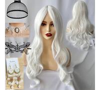 Waziwe Perruque longue blanche pour femme - 68 cm - Fibres synthétiques - Avec filet à cheveux - Pour costume d'Halloween, cosplay, mascarade, carnaval, Noël, carnaval (blanc)