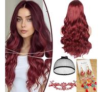 Waziwe Perruque longue de vin rouge pour femme - 68 cm - Fibres synthétiques - Avec filet à cheveux - Pour costume d'Halloween, cosplay, mascarade, carnaval, Noël, carnaval (vin rouge)