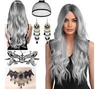 Waziwe Perruque longue grise pour femme, 68 cm, fibres synthétiques, avec filet à cheveux, pour costume d'Halloween, cosplay, mascarade, carnaval, Noël, carnaval (gris)