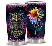WAZONE Gobelet isotherme à double paroi en acier inoxydable avec motif mandala, chouette, tournesol, 591 ml, cadeau d'anniversaire, de Noël, de fête des mères, pour les amateurs de hiboux, pour les