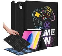Wazzasoft Étui avec clavier pour iPad 10{^>e<^} génération - Étuis pour iPad A16 porte-crayon 10,9 pouces - Housse pour hommes et garçons - Motif de jeu noir cool Funda pour tablette Apple 10e/11e