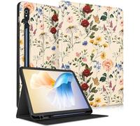 Wazzasoft Étui Portefeuille Mignon avec Porte-Crayon pour Samsung Galaxy Tab S9 FE 5G/Tab S9 2023 pour Femmes et Filles - Design Unique - Motif Floral Kawaii - Joli étui pour Tablette pour Tab S9 FE