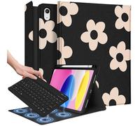 Wazzasoft Étui pour iPad 10e génération avec porte-crayon clavier 10,9 pouces, housse de tablette folio pour femmes et filles, adolescentes, motif Kawaii noir fleur, design unique pour Apple Funda