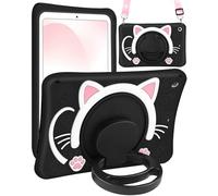 Wazzasoft Étui pour iPad 9e/8e/7e génération 10,2 Pouces, Mignon Chat Noir Kawaii, Dessin animé, poignée rotative Support et Sangle, Coque en Silicone Souple pour Apple iPad 9e/8e/7e génération
