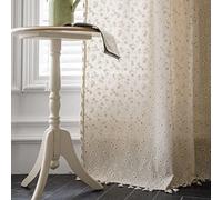 WAZZIO Lot de 2 rideaux semi-occultants à imprimé marguerites de style bohème vintage jaune avec pompons en lin pour chambre à coucher, salon, baie vitrée, beige