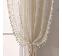 WAZZIO Lot de 2 Rideaux Semi-Transparents en Crochet de Style bohème de 274,3 cm de Long - Rideaux à Pompons rétro à Motif géométrique tricoté en Dentelle Beige pour Salon, Chambre à Coucher, Baie