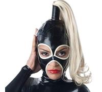 WBAODAN Cagoule en Latex pour Adulte Masque en Caoutchouc Noir Queue de Cheval D'halloween Costume de fête Cosplay(Size:M-65CM)