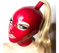 WBAODAN Cagoule en Latex pour Adulte Queue de Cheval Blonde Cagoule en Latex Rouge Adaptée Aux Tenues de Club de Soirée Cosplay(Size:M-57CM)