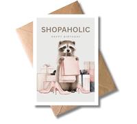 WBdesignz Carte avec enveloppe - Motif raton laveur - « Accro au shopping - Laissez-nous aller faire du shopping » - Carte d'anniversaire amusante pour femmes et amies (format A6) (joyeux anniversaire
