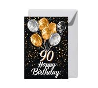 WBdesignz Carte d'anniversaire 90 ans avec enveloppe - Élégante carte d'anniversaire pour 90e anniversaire « Happy Birthday » avec ballons noirs et dorés (XXL DIN A4)