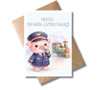 WBdesignz Carte d'anniversaire « Hurra, du hast Geburtstag ! » avec enveloppe - Jolie carte avec guide d'attraction de cochon et train à vapeur - Carte de vœux d'anniversaire pour enfants, parents