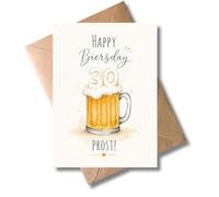 WBdesignz Carte d'anniversaire pour 30e anniversaire avec enveloppe - Carte d'anniversaire amusante avec chope à bière - Happy Biersday Prost - Carte de vœux adorable pour les amateurs de bière