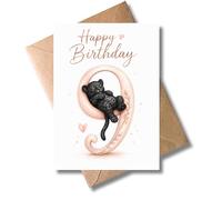 WBdesignz Carte d'anniversaire pour enfant 9 ans avec enveloppe - Joli léopard noir sur chiffre neuf et cœur - Carte d'anniversaire pour enfants filles garçons - Carte d'anniversaire mignonne pour