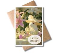 WBdesignz Carte de Pâques avec enveloppe - Carte de vœux élégante avec lapin délicat dans un chapeau, service à thé et lys, motif de Pâques classique pour la famille et les amis, carte cadeau de