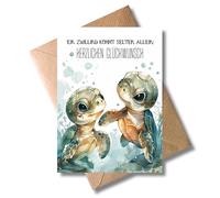 WBdesignz Carte de vœux pour la naissance de jumeaux avec enveloppe - Carte de vœux conçue avec soin avec motif de tortue et inscription « Ein Zwilling kommt selten allein » - Neutre et mignonne