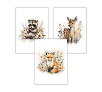 WBdesignz Ensemble de 3 images pour chambre d'enfant - Décoration de chambre de bébé - Animaux - Renard, chevreuil, raton laveur - Poster pour enfants (sans cadre)