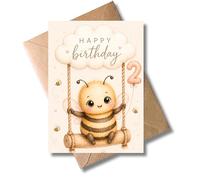 WBdesignz Jolie carte d'anniversaire pour 2ème anniversaire pour tout-petits avec enveloppe - Motif abeille - Carte d'anniversaire - Deuxième anniversaire pour enfants garçons filles amoureux des