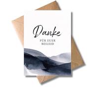WBdesignz Lot de 10 cartes de remerciement « Danke für euer Beileid » avec enveloppes, cartes de condoléances avec paysage de montagne aquarelle dans des tons bleus - Cartes de condoléances pour adieu