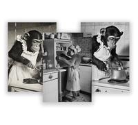 WBdesignz Lot de 3 posters - Singes cuisinant dans une cuisine rétro - Décoration murale humoristique en noir et blanc pour cuisine, café ou garde-manger (format A4) - Sans cadre