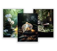 WBdesignz Lot de 3 posters - Spa naturel avec orchidées, pierres zen et bol d'eau - Décoration murale apaisante pour salle de bain, spa ou espace de méditation (format A4) - Sans cadre