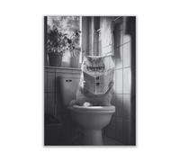 WBdesignz Poster amusant de chat - Chat lisant un journal sur les toilettes - Tableau mural humoristique en noir et blanc pour salle de bain, WC d'invités ou couloir - Motif chat avec lunettes et
