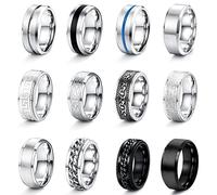 WBDWWTD 12 Pièces 8 mm Bagues pour Hommes en Acier Inoxydable Finition Mate Bagues Polies Bague Celtique Vintage Anneaux de Chaîne Bague Décapsuleur Bague de Mariage Alliance de Fiançailles Ensemble