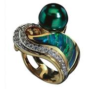 WBDWWTD Bague en Or avec Pierres précieuses en zircone cubique, breloque en Perle simulée, Conception Unique, Creuse, Polissage Faite à la Main, plaqué Or, Bague de Mariage, Cadeau pour Femme,