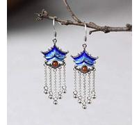 WBDWWTD Boucles d'oreilles de Style Chinois S925 en Argent cloisonné Vintage Style Jianguo Ancien Longmen Agate Rouge du sud Boucles d'oreilles de tempérament Hanfu féminin,