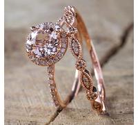 WBDWWTD Ensemble de bagues en Or Rose 18 carats avec zircone cubique morganite Rose élégante Deux en Un Halo de Mariage promesse de fiançailles Bague d'éternité pour Femme AAAAA CZ Halo Bague de
