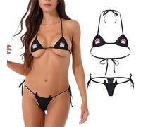 WBDWWTD Ensemble de Bikini Sexy pour Femme - Micro Monokini - Maillot de Bain 2 pièces - Mignon Patte de Chat brodée - Lingerie Dos Nu - Bretelles - Chemise Trianlge G String pour la Plage d'été