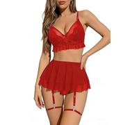 WBDWWTD Ensemble de Lingerie 3 pièces Sexy en Maille Transparente et Dentelle à Armatures, Soutien-Gorge Push-up Profond en V, Mini Jupe Rouge, Bikini avec String et Porte-Jarretelles, sous-vêtements