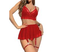 WBDWWTD Ensemble de Lingerie en Dentelle pour Femme, Nuisette en Maille Transparente, Soutien-Gorge Push-up à Armatures, Mini Jupe, sous-vêtements 4 pièces, vêtements de Nuit pour la Saint-Valentin,