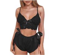WBDWWTD Ensemble de Pyjama en Dentelle pour Femmes, 2 pièces, Soutien-Gorge à nœud Papillon et Slip en Satin, Bralette à Bretelles, sous-vêtements à Lacets, Transparent en Maille, Nuisette, vêtements
