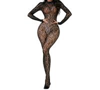 WBDWWTD Résille Léopard Dentelle Body Collants Maille Transparente Manches Longues Combinaison Une Pièce Body Découpé Dos Rave Discothèque Sexy Lingerie Costume Noir XS-XL