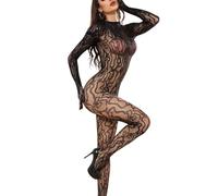 WBDWWTD Résille Léopard Dentelle Body Collants Maille Transparente Manches Longues Combinaison Une Pièce Body Découpé Dos Rave Discothèque Sexy Lingerie Costume Noir XS-XL