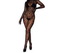 WBDWWTD Résille Léopard Dentelle Body Collants Maille Transparente Manches Longues Combinaison Une Pièce Body Découpé Dos Rave Discothèque Sexy Lingerie Costume Noir XS-XL