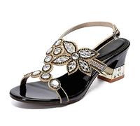 WBDWWTD Sandales d'été Style Boho pour Femmes, Pantoufles de Plage, Tongs, élastique à la Cheville, Sangle en T, Fleur, Strass, Perles, Style bohémien