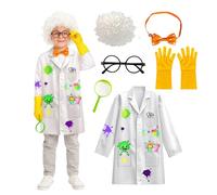 Wbesty Costume de Mad Scientist 6 pièces pour enfant avec blouse de laboratoire, perruque, gants, nœud papillon et loupe pour se déguiser et jeux de rôle sur le thème de la science, 5-6 ans