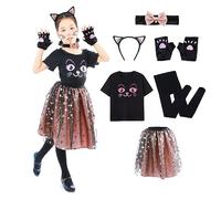 Wbesty Halloween Costume de Chat Noir pour Filles avec T-Shirt Slim Fit Cat Face, collier à nœud avec clochettes et robe bouffante dorée, 3/4 ans