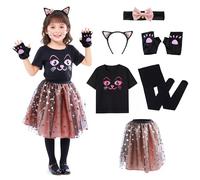 Wbesty Halloween Costume de Chat Noir pour Filles avec T-Shirt Slim Fit Cat Face, collier à nœud avec clochettes et robe bouffante dorée, 7/8 ans