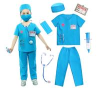Wbesty Kids Scrubs pour filles Costume de médecin pour enfants Kit de jeu 7pcs avec costume et accessoires pour les fêtes d'Halloween,Bleu 5-7Y