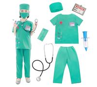 Wbesty Kids Scrubs pour filles Costume de médecin pour enfants Kit de jeu 7pcs avec costume et accessoires pour les fêtes d'Halloween,Vert 5-7Y